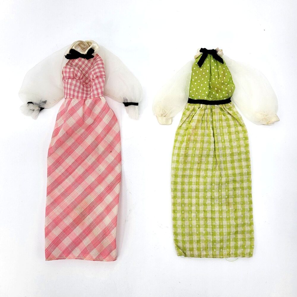 1973 Barbie & Kelley Quick Curl Pink & Green Gingham Dresses 4220 4221 Needs TLC